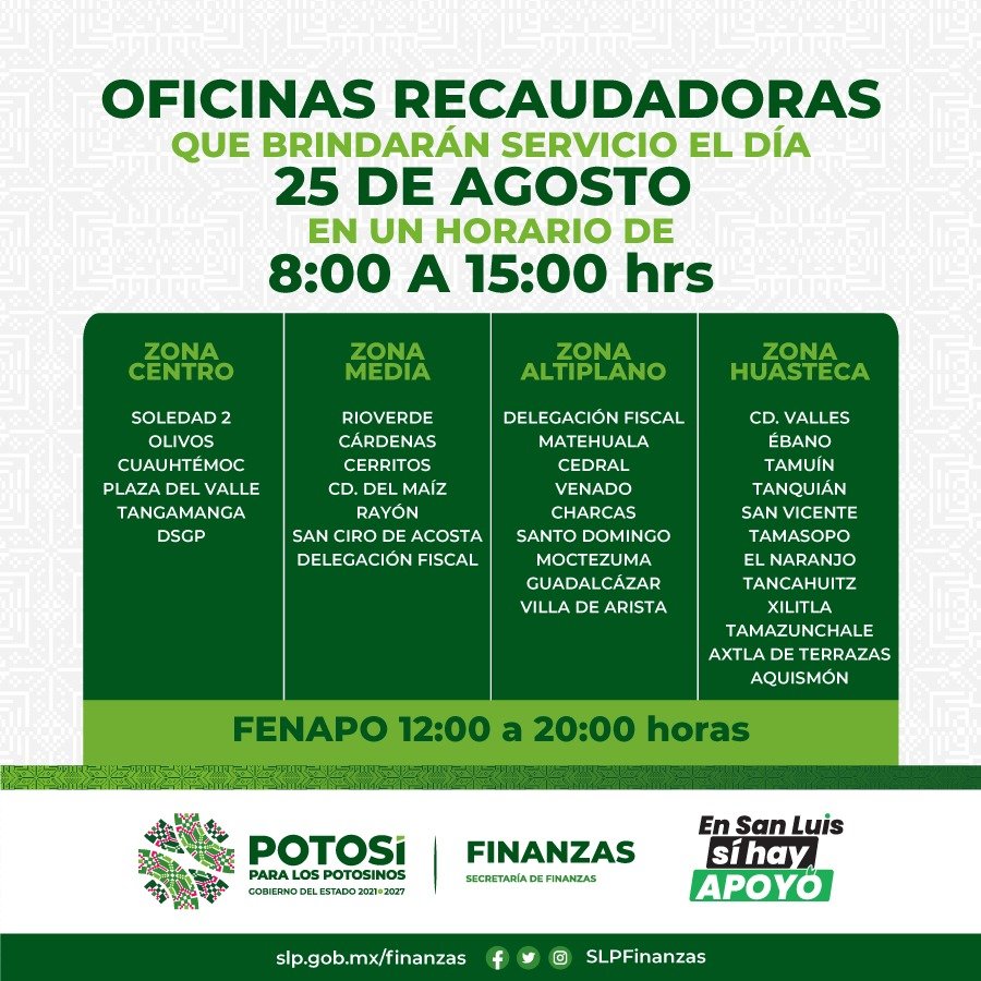 RECAUDADORAS DE FINANZAS DARÁN SERVICIO ESTE VIERNES 25 DE AGOSTO