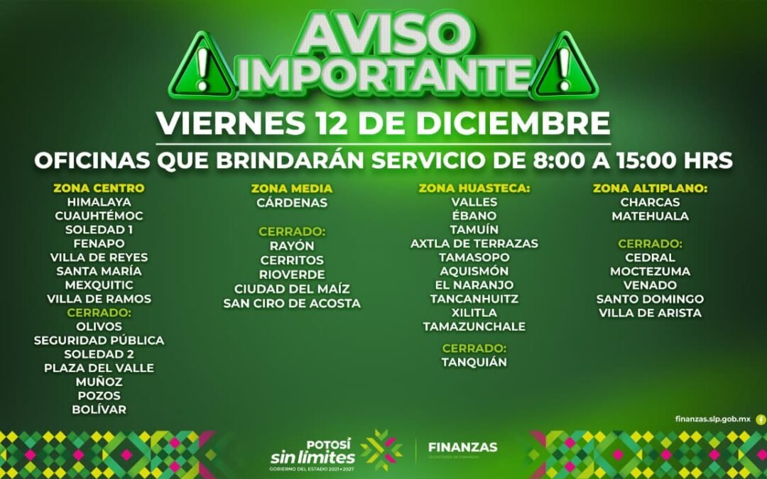 21 OFICINAS RECAUDADORAS DE FINANZAS BRINDARÁN SERVICIO EL 12 DE DICIEMBRE